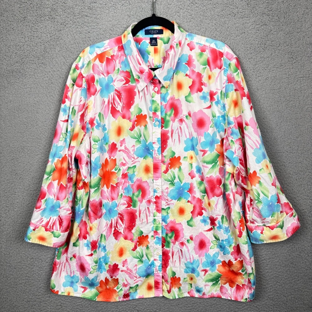 Chaps Top‎ Womens 3X Floral Abstract Bright Floral Colorful Button Office Artsy